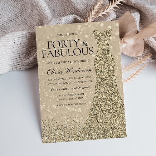 Gold Dress Womans 40th Birthday Party Sparkle  Invitation