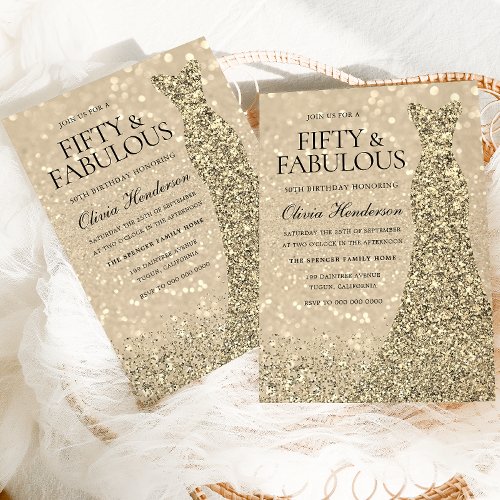 Gold Dress Womans 50th Birthday Party Sparkle  Invitation
