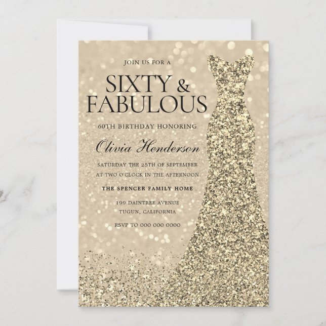 Gold Dress Womans 60th Birthday Party Sparkle  Invitation (Front)