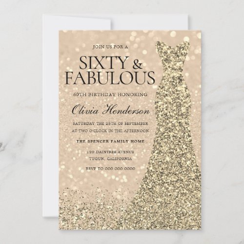 Gold Dress Womans 60th Birthday Party Sparkle  Invitation