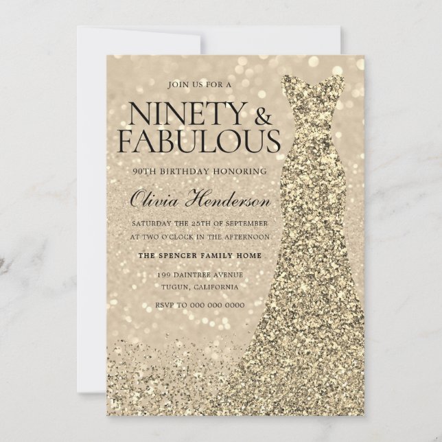 Gold Dress Womans 90th Birthday Party Sparkle  Invitation (Front)