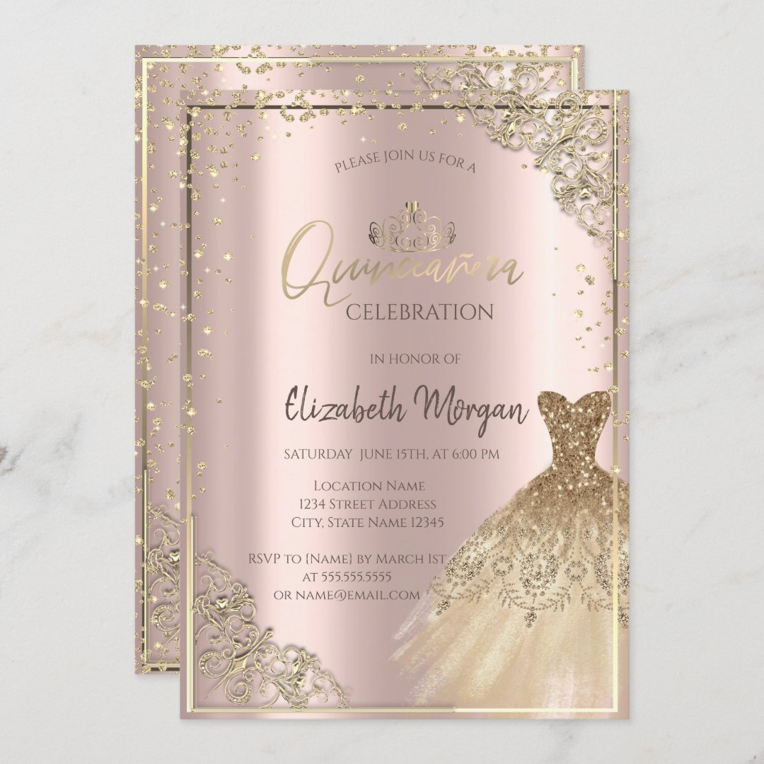 Gold DressTiara,Diamonds Rose Gold Quinceañera Invitation | Zazzle