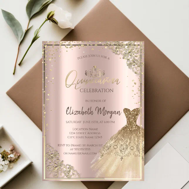 Gold DressTiara,Diamonds Rose Gold Quinceañera Invitation | Zazzle