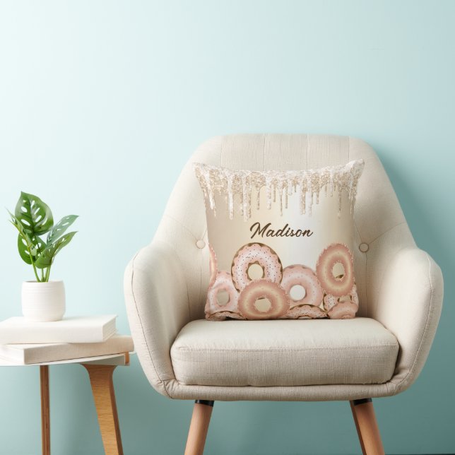 Gold Drip Glitter and Sweet Donuts Throw Pillow (Chair)