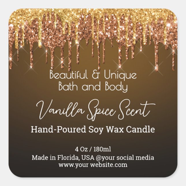 Gold Drip Glitter Bottle Candle Jar Product Label (Front)