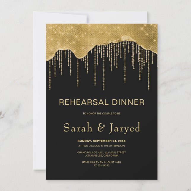 Gold Drip Glitter Rehearsal   Invitation (Front)