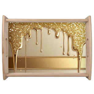 Gold Dripping Background With Glitter Borders Serving Tray