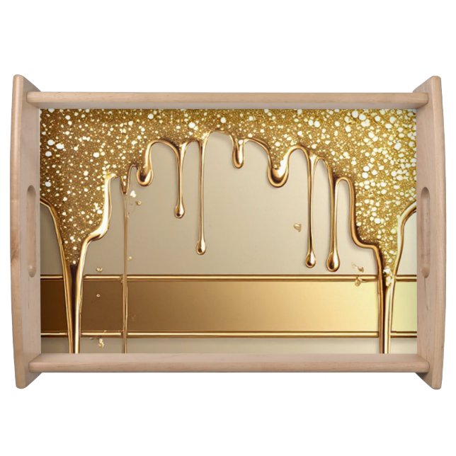 Gold Dripping Background With Glitter Borders Serving Tray (Front)