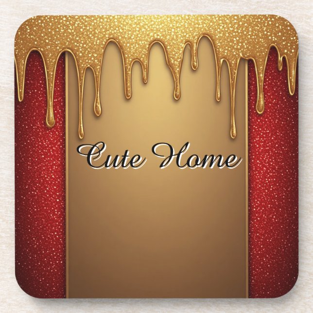 Gold Dripping Glitter Frame On Red Sparkle Backgro Beverage Coaster (Front)