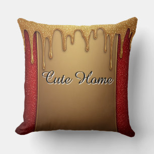 Gold Dripping Glitter Gift On Red Sparkle Backgro Throw Pillow