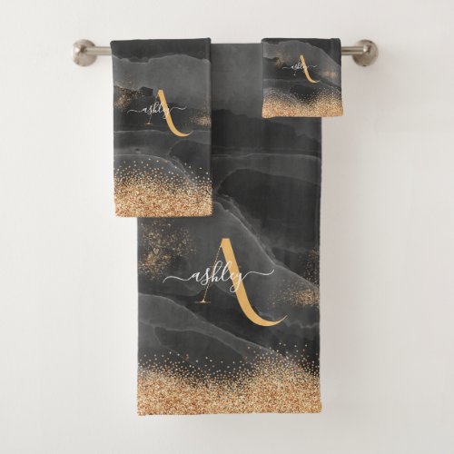 Gold Dripping Glitter Monogram Custom Metallic Bath Towel Set