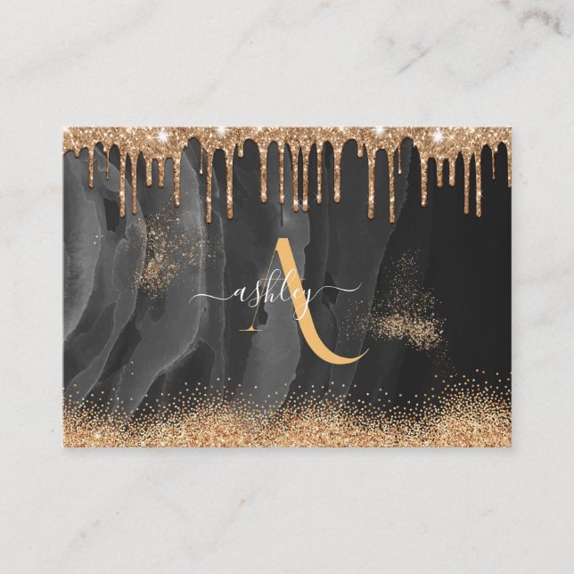 Gold Dripping Glitter Monogram Custom Metallic Business Card (Front)