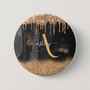 Gold Dripping Glitter Monogram Custom Metallic Button