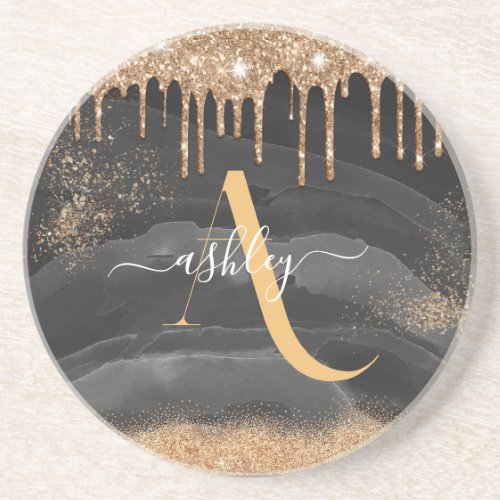 Gold Dripping Glitter Monogram Custom Metallic Coaster