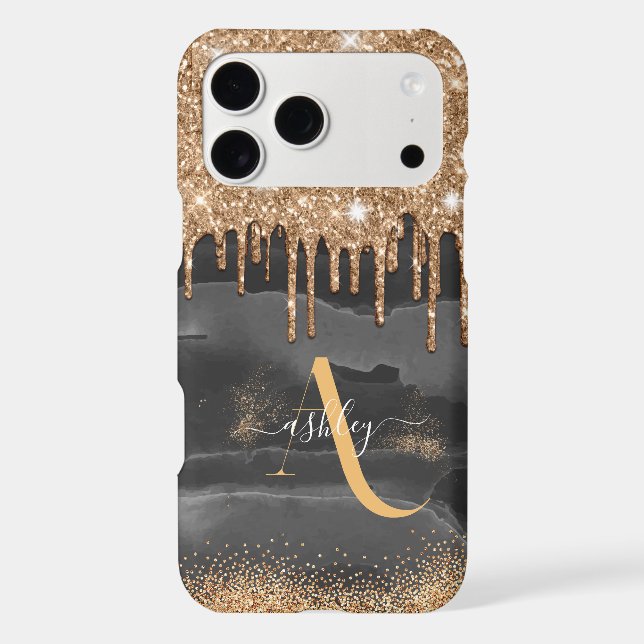 Gold Dripping Glitter Monogram Custom Metallic Iphone Case (Back)