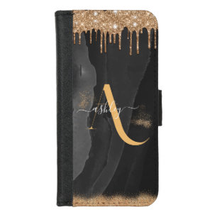 Gold Dripping Glitter Monogram Custom Metallic iPhone 8/7 Wallet Case