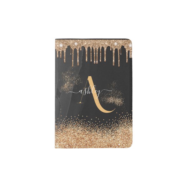 Gold Dripping Glitter Monogram Custom Metallic Passport Holder (Front)
