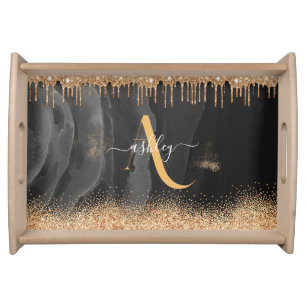 Gold Dripping Glitter Monogram Custom Metallic Serving Tray