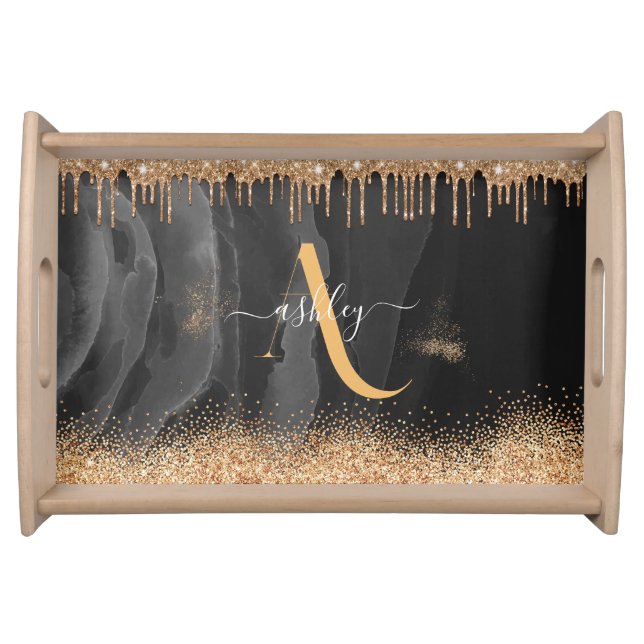 Gold Dripping Glitter Monogram Custom Metallic Serving Tray (Front)