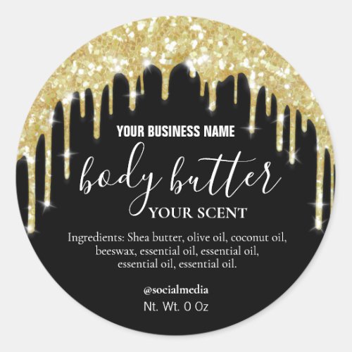 Gold Dripping Glitter On Black Body Butter Labels