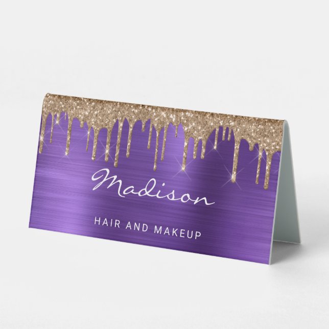 Gold Dripping Glitter Purple Metallic Business Tab Table Tent (Front)