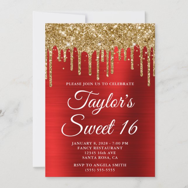 Gold Dripping Glitter Red Foil Sweet 16 Invitation (Front)