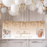 Gold Dripping Glitter Two Photo 60th Birthday Banner<br><div class="desc">Welcome guests with this chic, glamorous 60th birthday party photo banner, featuring a sparkly gold faux glitter drip border and gold ombre background. Easily replace the two sample images with photos of the guest of honor. Personalize it with her name in gold handwriting script, with the birthday below in gold...</div>
