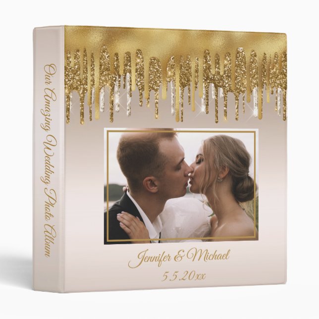 gold dripping glitters champagne wedding photo 3 ring binder (Front/Spine)
