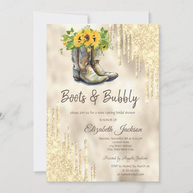  Gold  Drips Boots Sunflowers Bridal Shower  Invitation (Front)