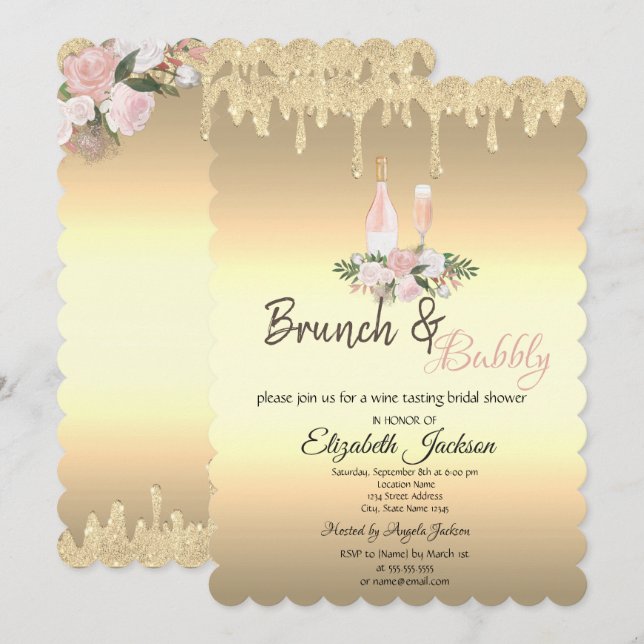 Gold  Drips Brunch & Bubbly Flowers Bridal Shower Invitation (Front/Back)