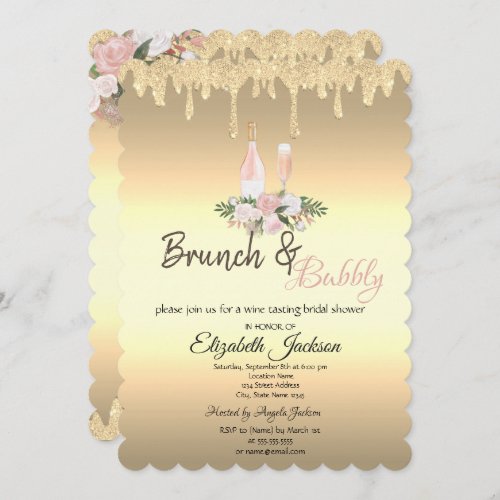 Gold  Drips Brunch  Bubbly Flowers Bridal Shower Invitation