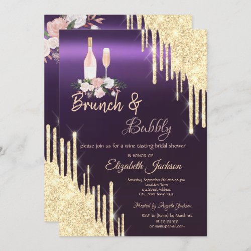 Gold Drips Brunch  Bubbly Purple Bridal Shower   Invitation