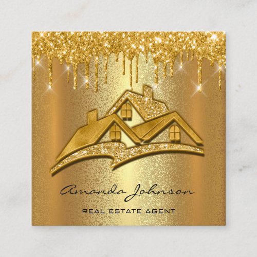 Gold Drips Custom Logo House Real Estate Agent Square Business Card