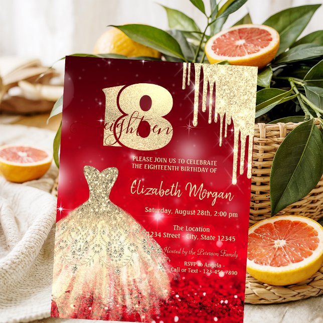  Gold  Drips Dress Red Bokeh 18th Birthday  Invitation (Creator Uploaded)