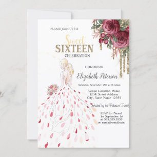 Gold Drips,Dress,Watercolor Roses Sweet 16 Invitation