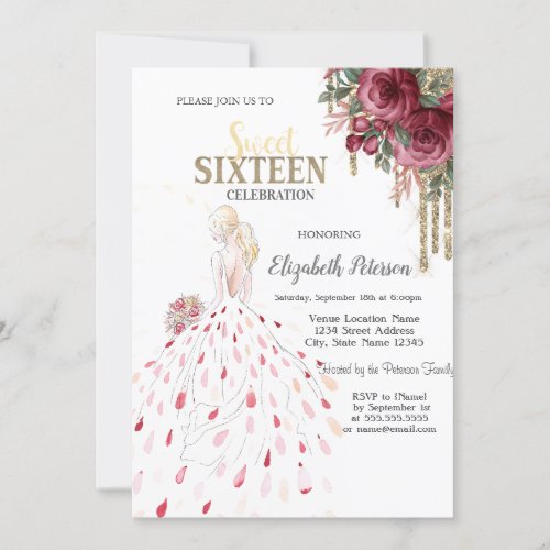 Gold DripsDressWatercolor Roses Sweet 16 Invitation