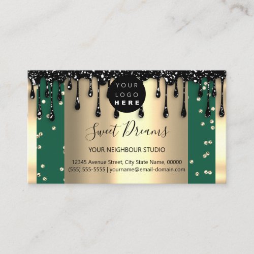 Gold Drips Frame Glitter Confetti Black Green  Business Card