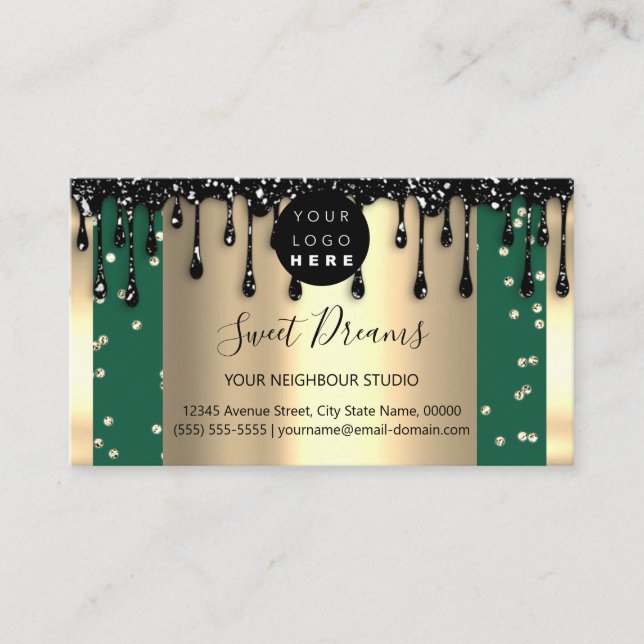Gold Drips Frame Glitter Confetti Black Green  Business Card (Front)