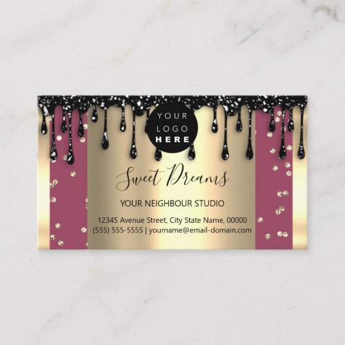 Gold Drips Frame Glitter Confetti Black Pink Business Card