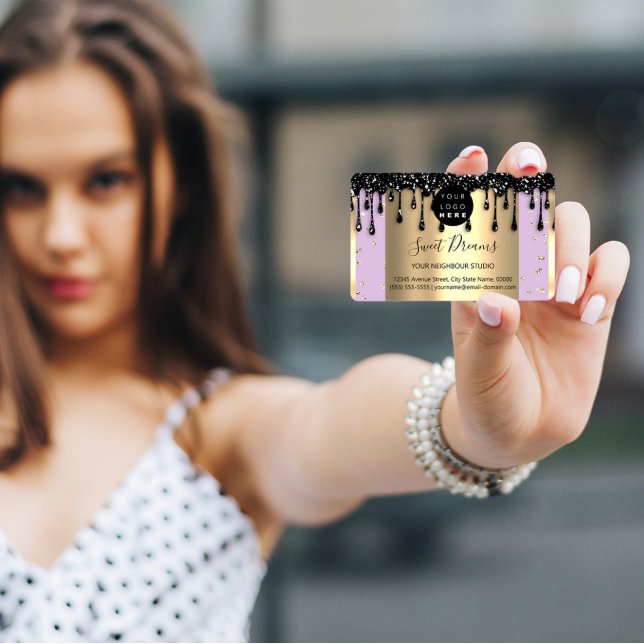 Gold Drips Frame Glitter Confetti Black Purple Business Card