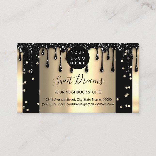 Gold Drips Frame Glitter Confetti Black SPA Business Card (Front)