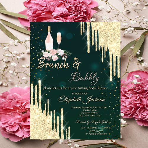 Gold  Drips Green Brunch  Bubbly Bridal Shower  Invitation