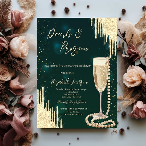 Gold  Drips Green Pearls Prosecco Bridal Shower  Invitation