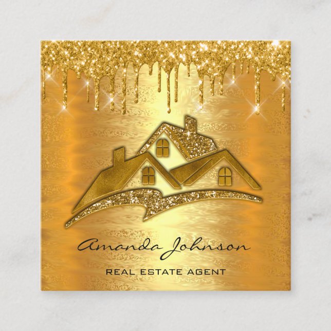 Gold Drips Logo House Real Estate Agent VIP Square Business Card (Front)