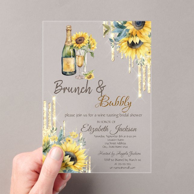  Gold Drips Sunflowers Wine Bridal Shower  Acrylic Invitations (Insitu (Handheld))