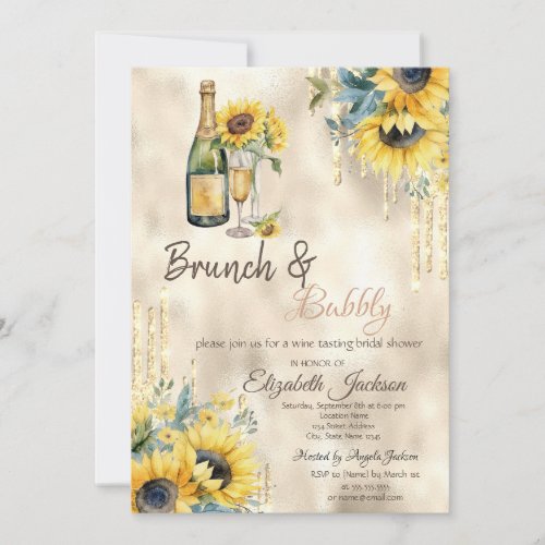  Gold Drips Sunflowers Wine Bridal Shower  Invitation
