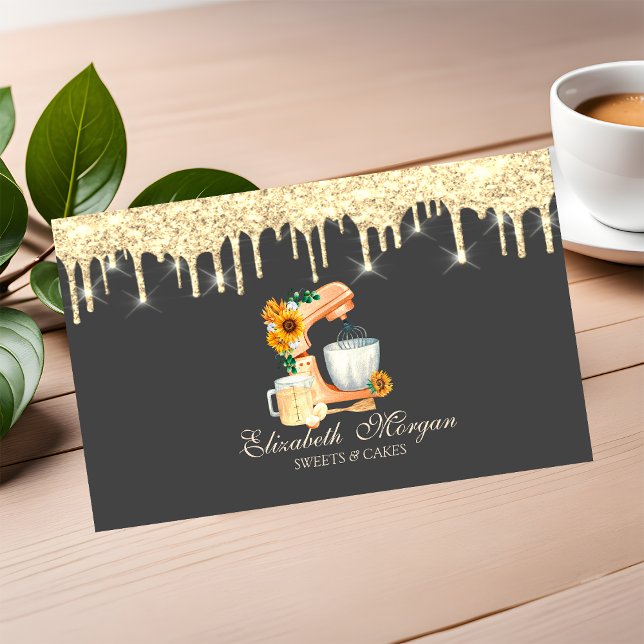 Gold Drips Watercolor Mixer Bakery   Business Card (Creator Uploaded)