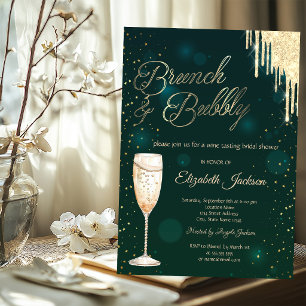 Gold Drips Wine Green Brunch & Bubbly  Invitation