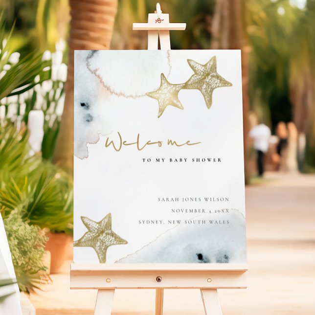 Gold Dusky Blue Beach Starfish Baby Shower Welcome Foam Board (Creator Uploaded)