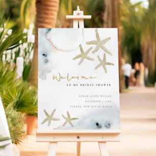 Gold Dusky Blue Beach Starfish Baby Shower Welcome Foam Board